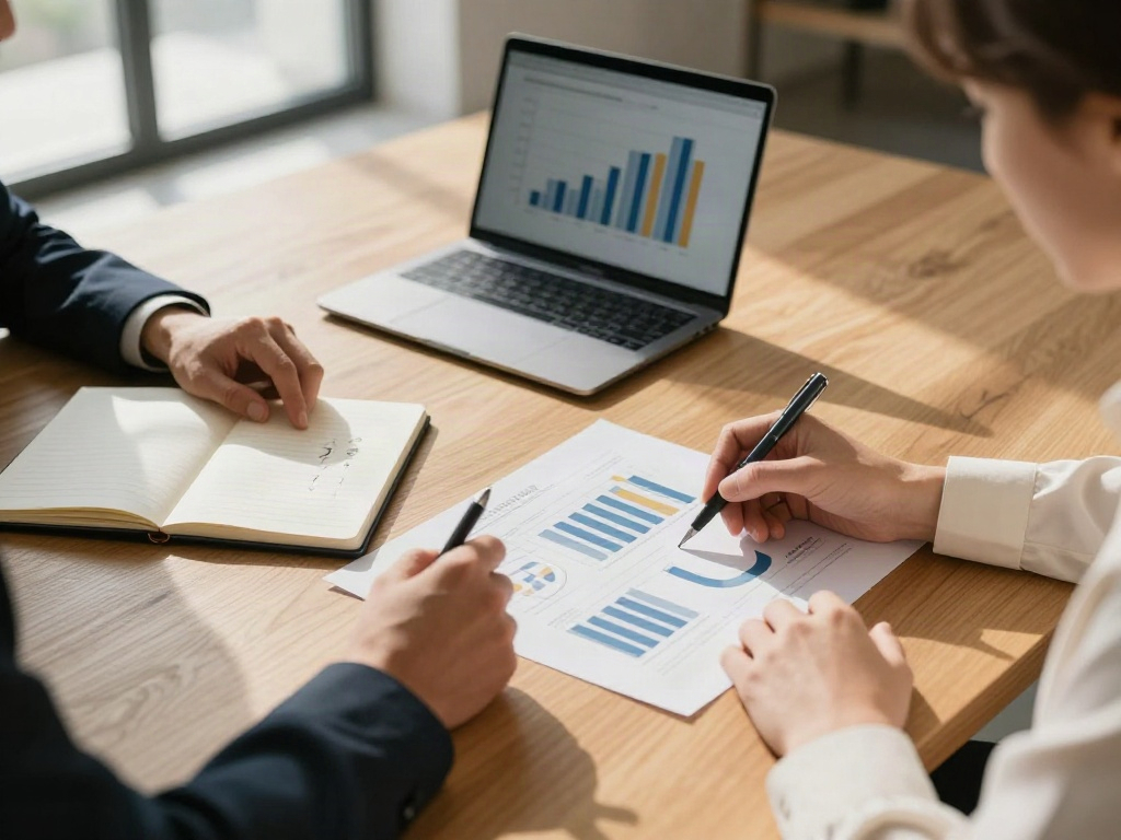 A close-up of consultants reviewing performance charts and business data together