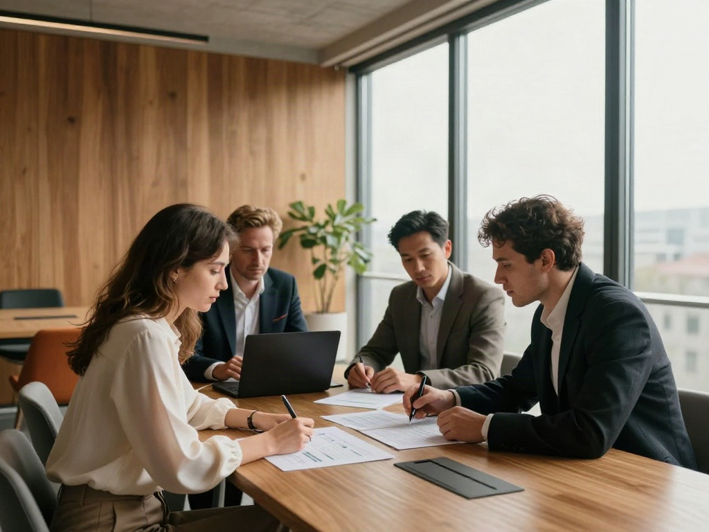 Consultants working together on a business strategy in a light-filled meeting room